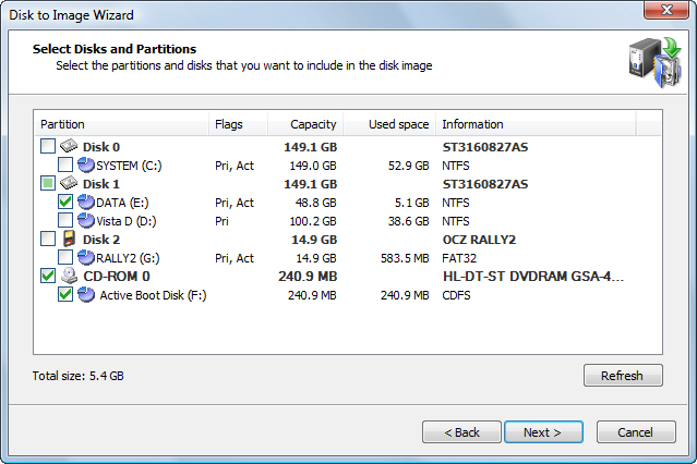 Select Disks and Partitions for Imaging